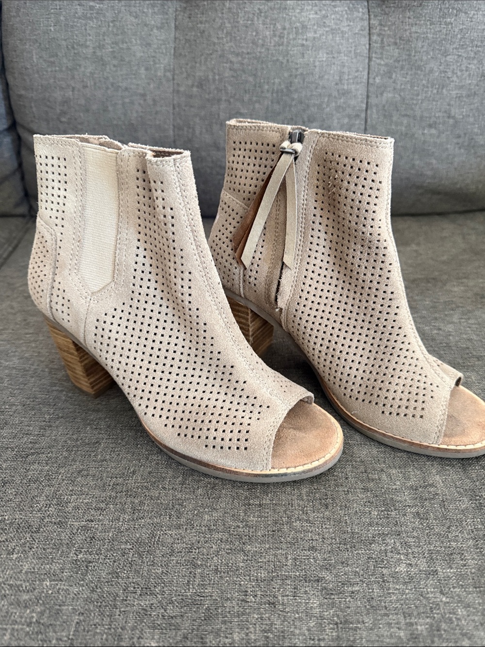 Toms Beige Perforated Suede Peep-Toe Ankle Booties